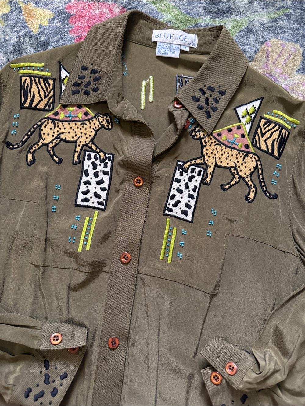 Blue Ice Women's Silk Olive Button-Down Shirt with Leopard Embroidery & Beads